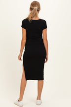 Black Square Neck Side Slit Maternity Midi Dress
