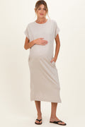 Sand Beige Pocket Front Maternity Midi T-Shirt Dress