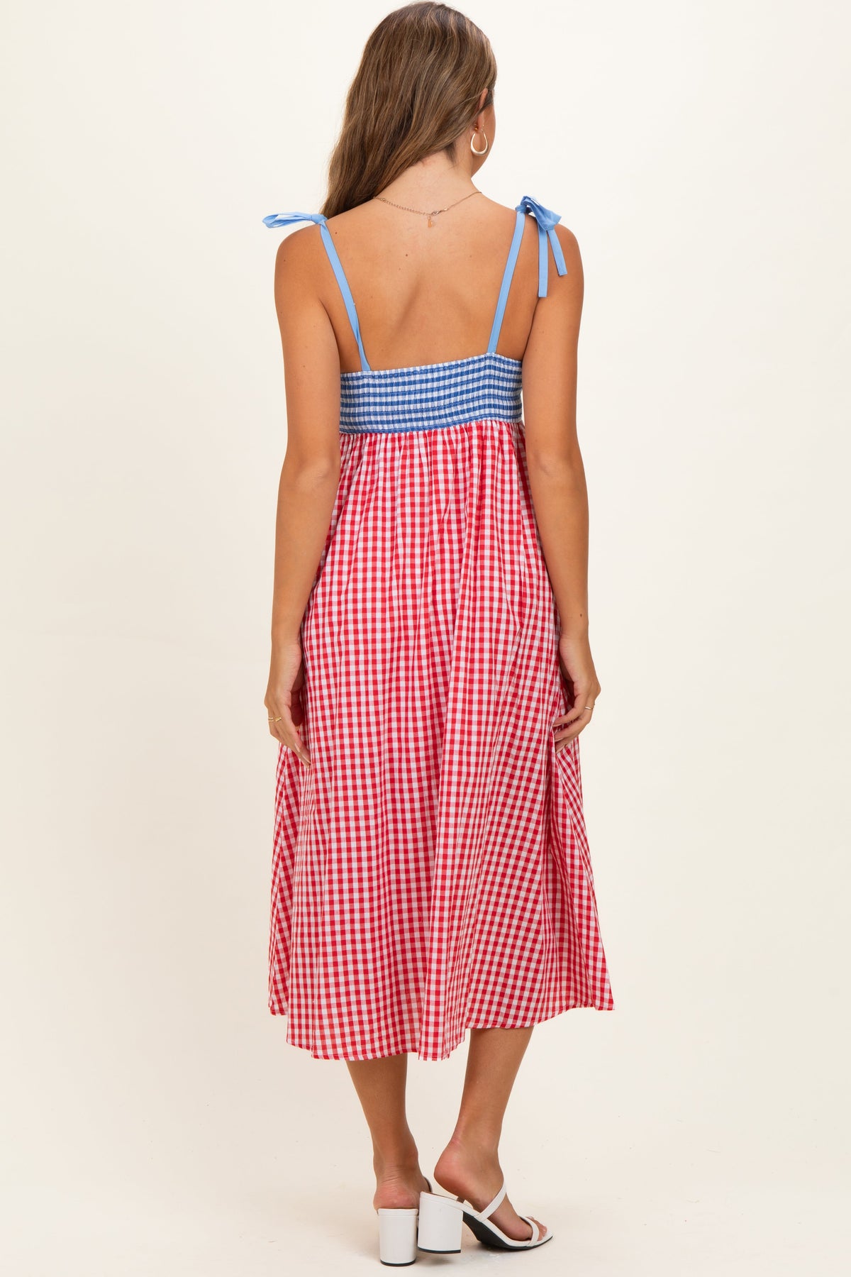 Red Gingham Colorblock Scallop Trim Maternity Midi Dress