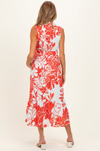 Red Floral Belted Sleeveless Maternity Shirt Dress