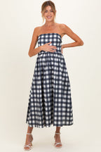 Navy Gingham Strapless Maternity Midi Dress