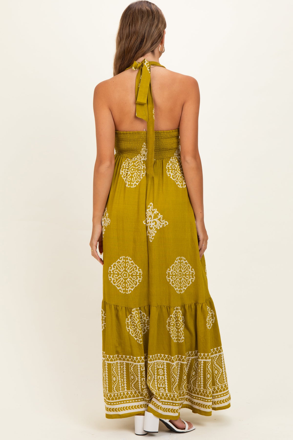 Olive Palm Printed Smocked Halter Maternity Maxi Dress