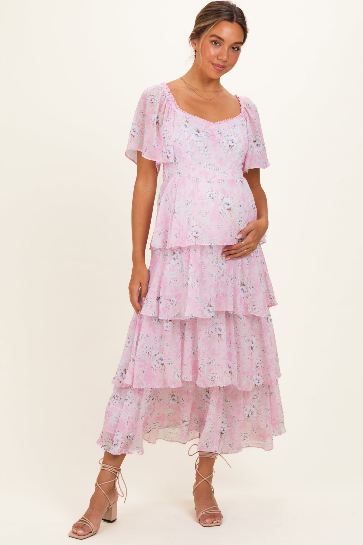 Sweet Pink Floral Flounce Tiered Maternity Maxi Dress