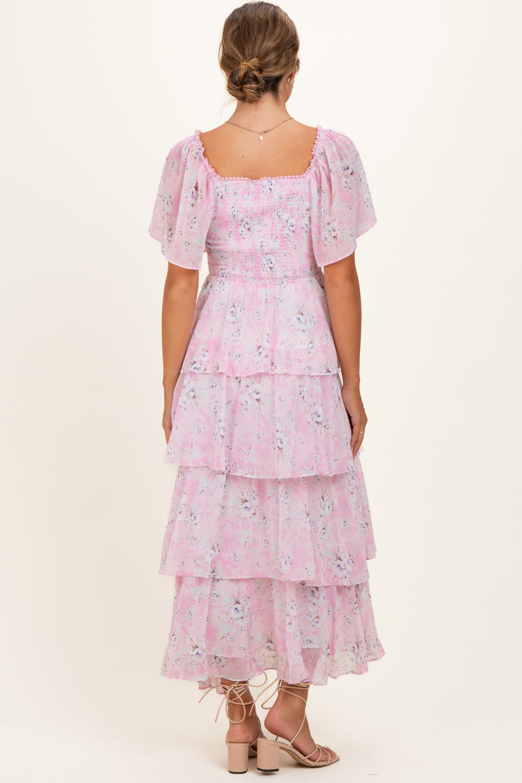 Sweet Pink Floral Flounce Tiered Maternity Maxi Dress