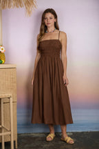 Brown Smocked Thin Strap Maternity Midi Dress