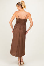 Brown Smocked Thin Strap Maternity Midi Dress