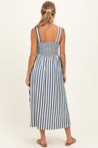 Navy Striped Smocked Sleeveless Maternity Midi Dress