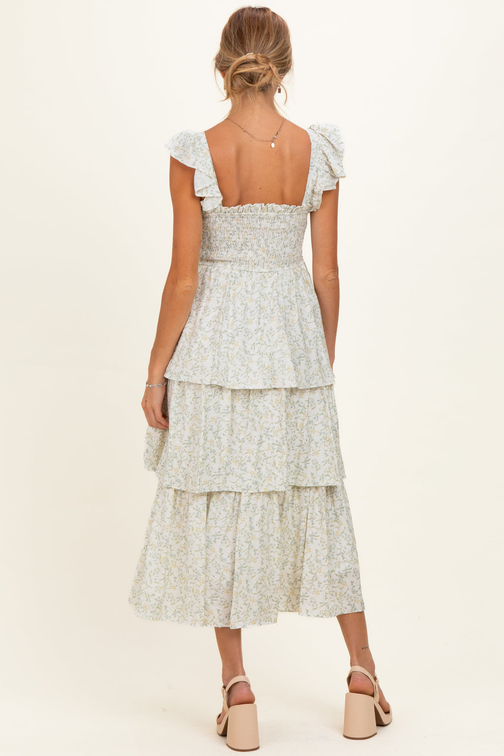 Ivory Floral Smocked Flowy Tier Maternity Midi Dress