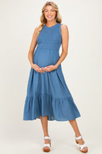 Denim Smocked And Tiered Maternity Maxi Dress