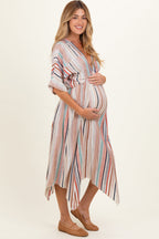 White Multi Printed Deep V-Neck Maternity Maxi Dress