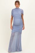Blue Draped Bodice Ruched Mesh Maternity Maxi Dress