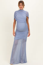 Blue Draped Bodice Ruched Mesh Maternity Maxi Dress