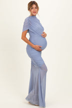 Blue Draped Bodice Ruched Mesh Maternity Maxi Dress