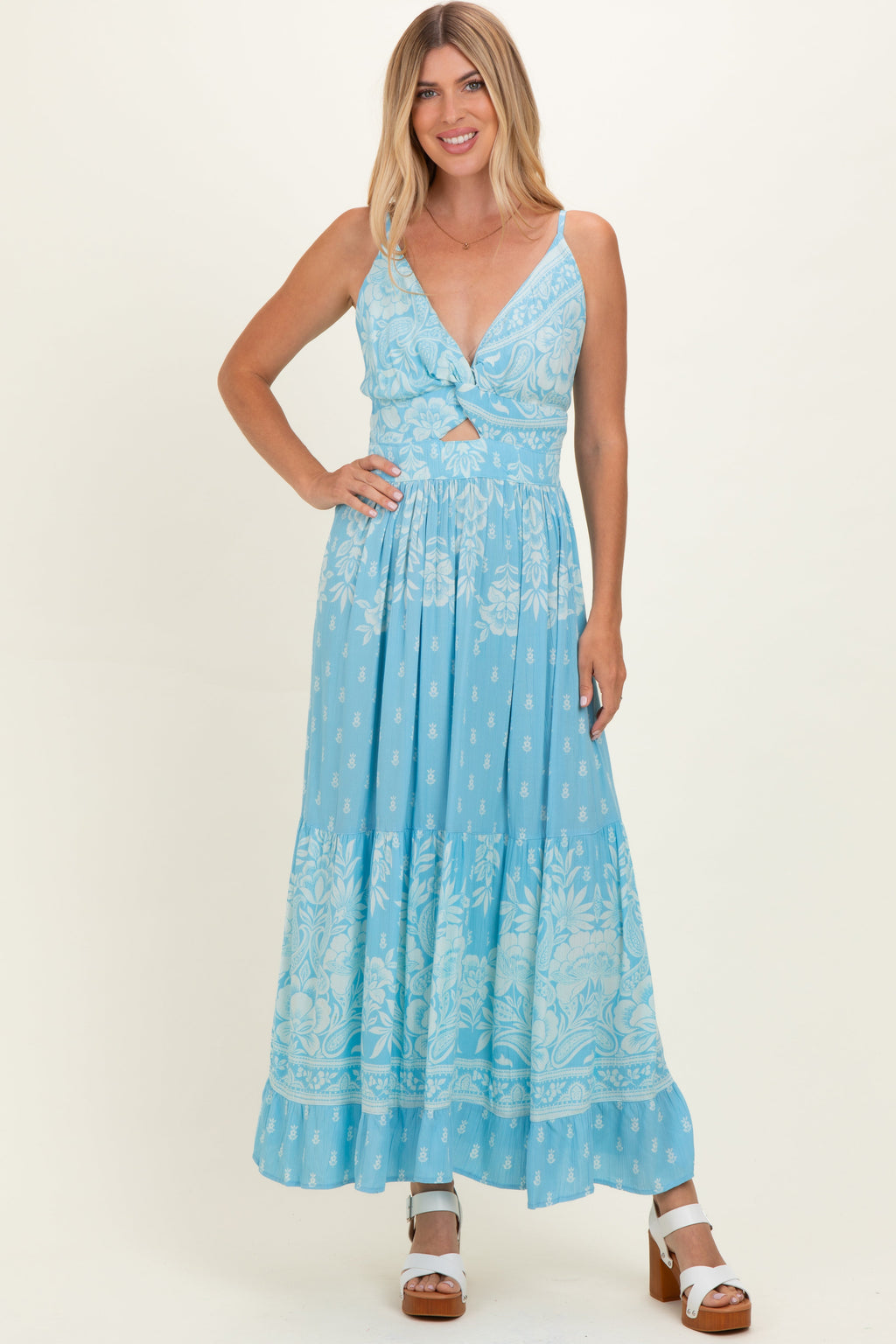 Light Blue V-Neck Twist Front Cut Out Maternity Maxi Dress