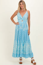 Light Blue V-Neck Twist Front Cut Out Maternity Maxi Dress