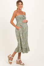 Green Floral Smocked Strapless Maternity Midi Dress