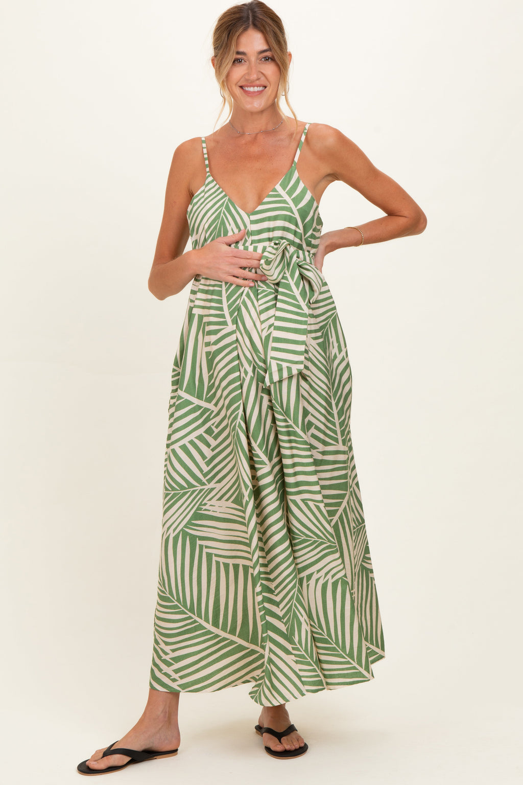 Sage Printed Waist Tie Maternity Maxi Dress