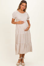Cream/ Mocha Striped Short Sleeve Tiered Maternity Maxi Dress