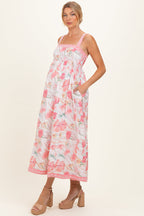 Coral Pink Floral Embroidered Maternity Maxi Dress
