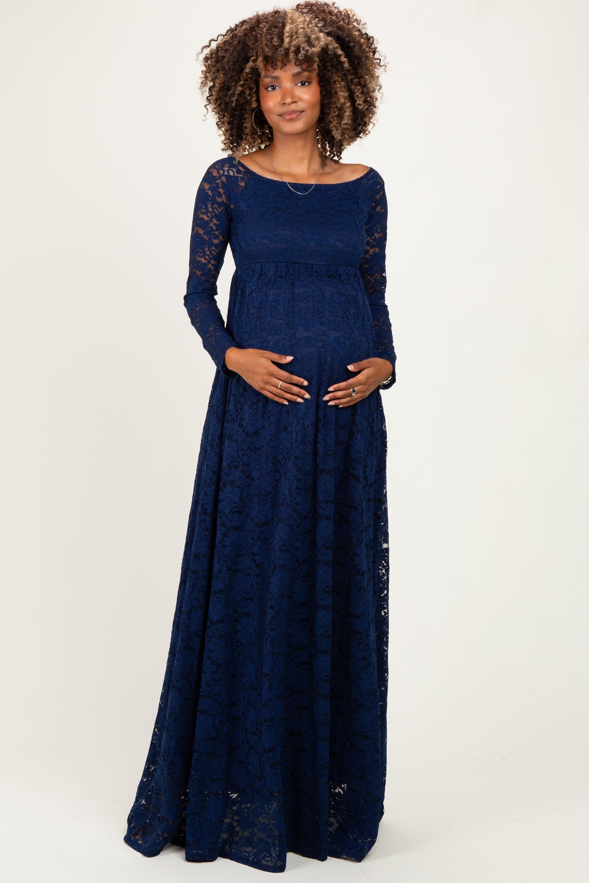 Navy Floral Lace Long Sleeve Off Shoulder Maternity Maxi Dress