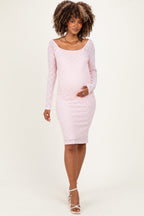Light Pink Long Sleeve Fitted Lace Maternity Dress