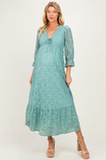 Blue Floral Lace 3/4 Ruffle Sleeve V-Neck Maternity Maxi Dress