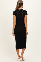 Black Sheer Lace Overlay Short Sleeve Maternity Midi Dress