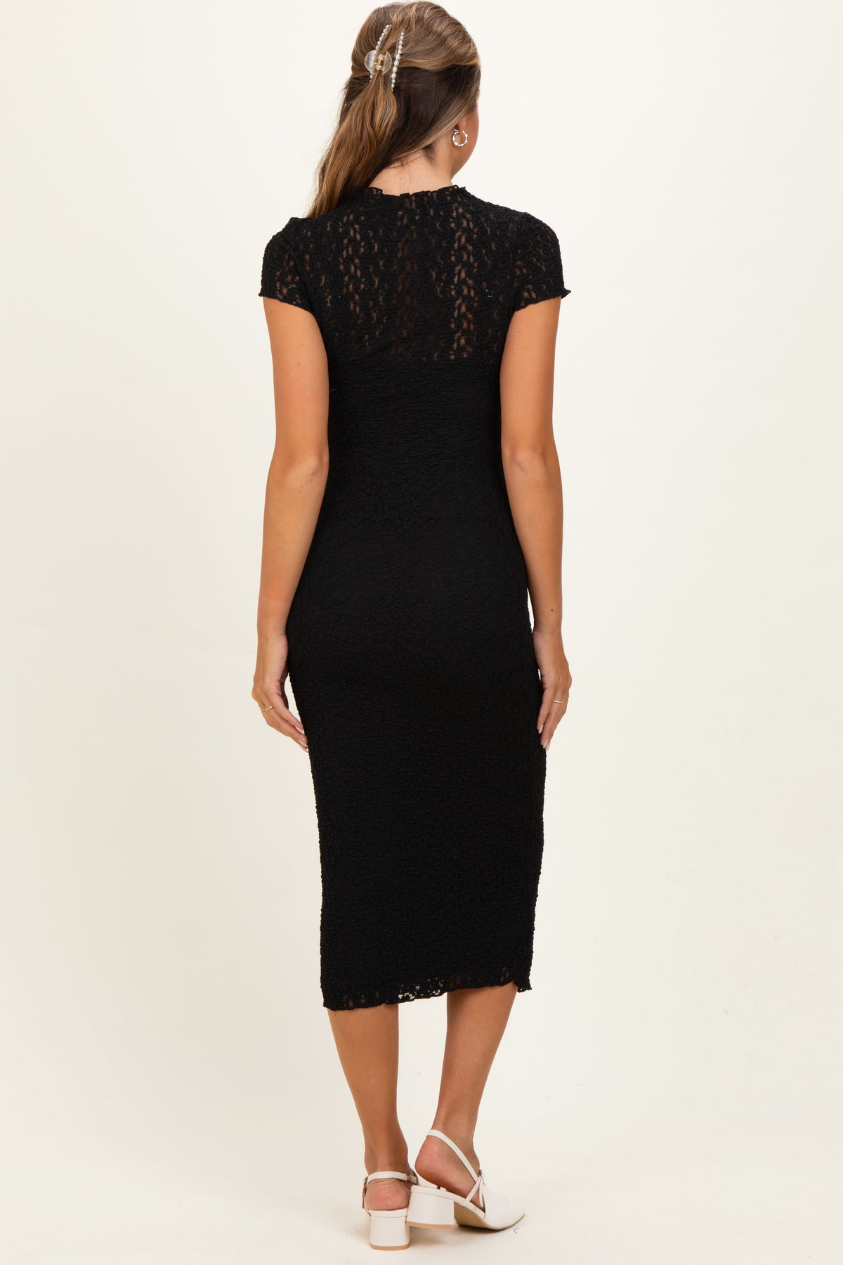 Black Sheer Lace Overlay Short Sleeve Maternity Midi Dress