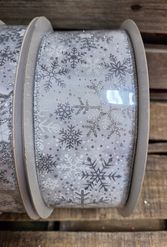 1.5" or 2.5" Wired 50 yd white Satin with Glitter Snowflakes