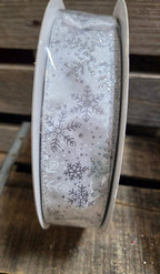 1.5" or 2.5" Wired 50 yd white Satin with Glitter Snowflakes