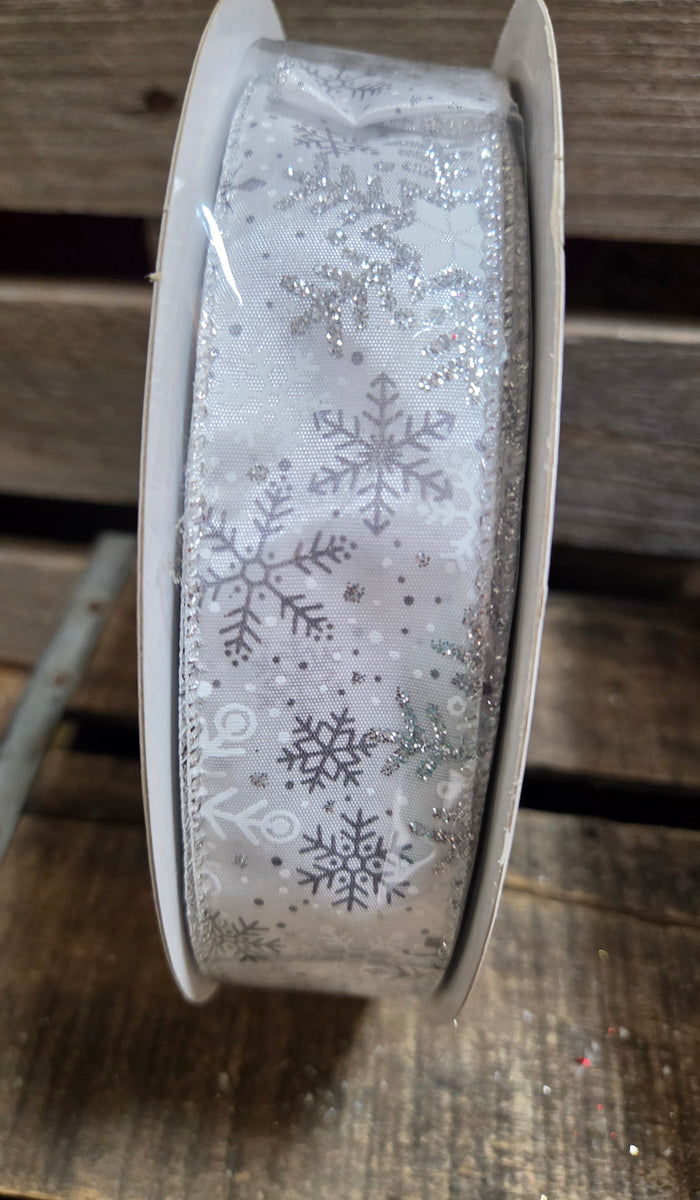 1.5" or 2.5" Wired 50 yd white Satin with Glitter Snowflakes