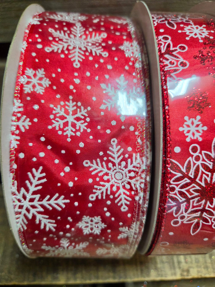 1.5" or 2.5" Wired Red with White Glitter Snowflakes 50yd Ribbon Roll