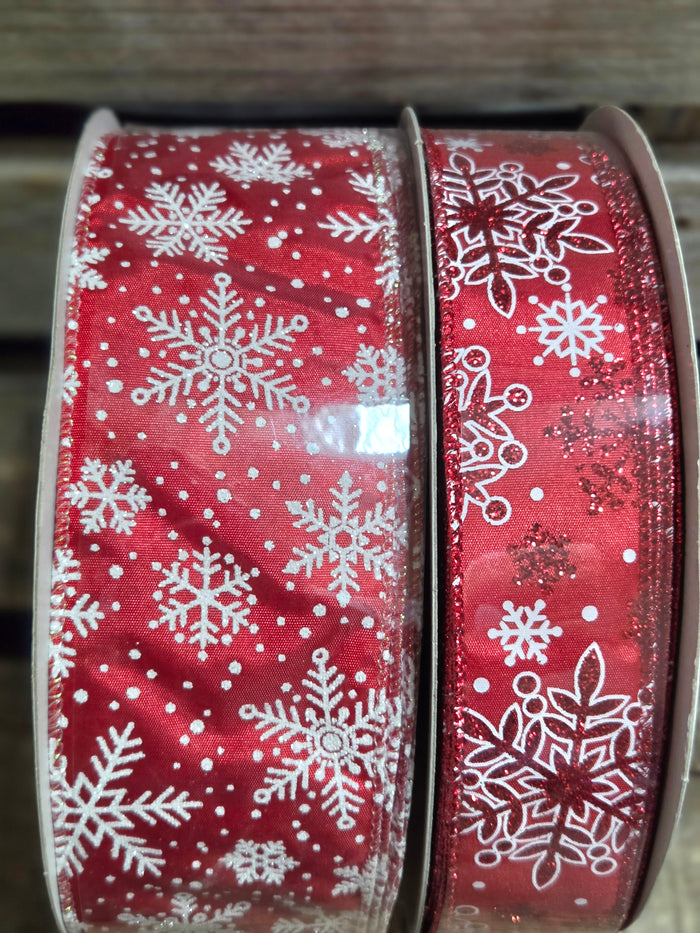 1.5" or 2.5" Wired Red with White Glitter Snowflakes 50yd Ribbon Roll