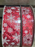 1.5" or 2.5" Wired Red with White Glitter Snowflakes 50yd Ribbon Roll