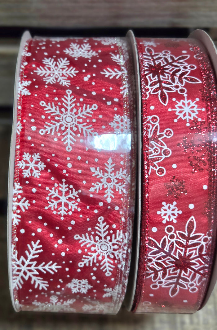 1.5" or 2.5" Wired Red with White Glitter Snowflakes 50yd Ribbon Roll