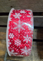 1.5" or 2.5" Wired Red with White Glitter Snowflakes 50yd Ribbon Roll