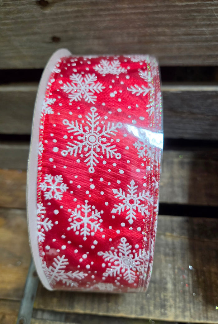 1.5" or 2.5" Wired Red with White Glitter Snowflakes 50yd Ribbon Roll