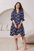 Valeria Embroidered Mid Sleeve Dress in Navy