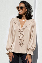 Alyssa Ruffle V-Neck Long Sleeve Top Taupe