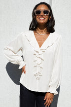 Alyssa Ruffle V-Neck Long Sleeve Top Ivory - Pre Order