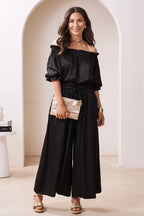 Vittoria Frill Trim Off Shoulder Long Sleeve Top Black