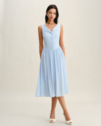 Blue V Neck Button Sleeveless Midi Dress