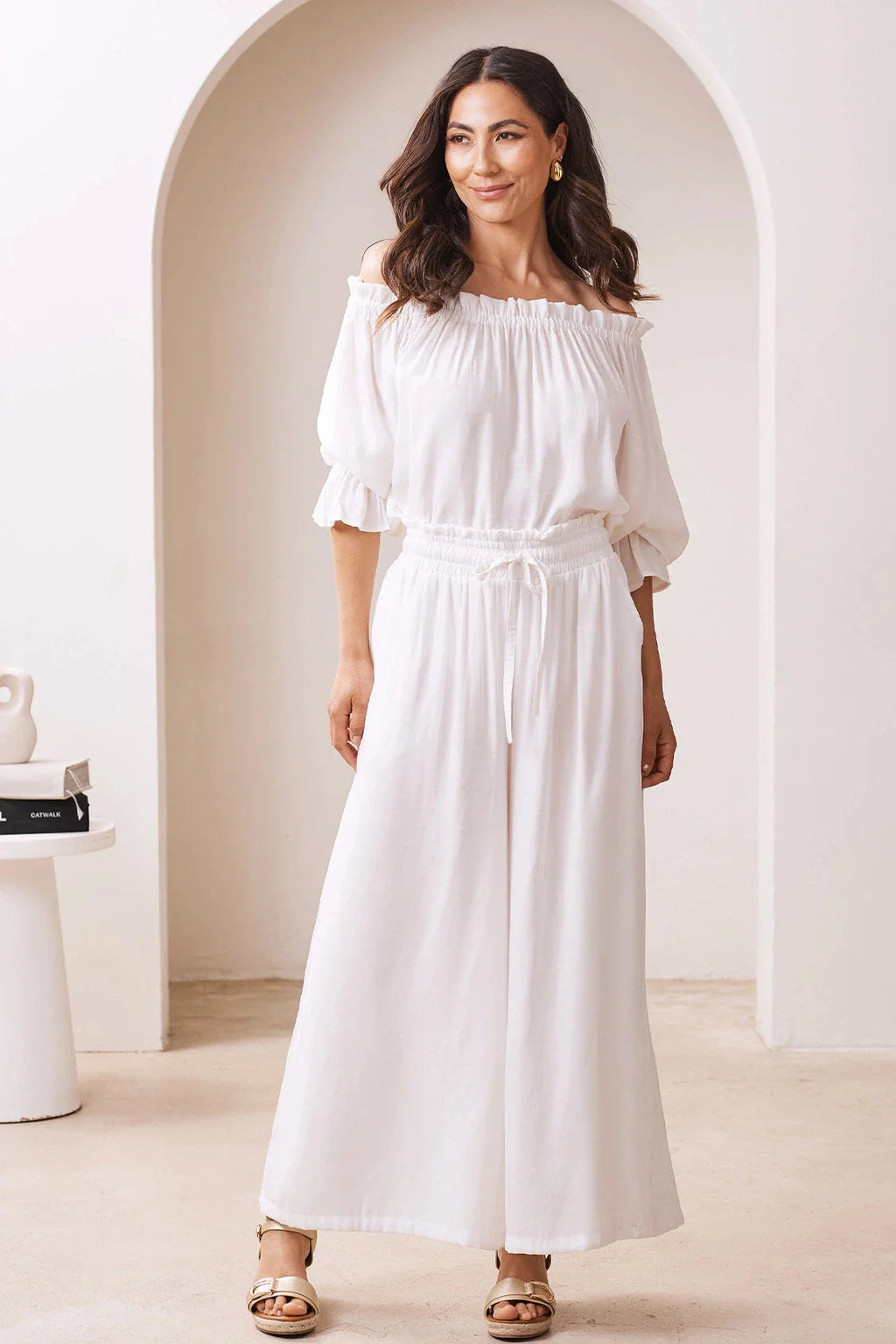 Vittoria Frill Trim Off Shoulder Long Sleeve Top Ivory