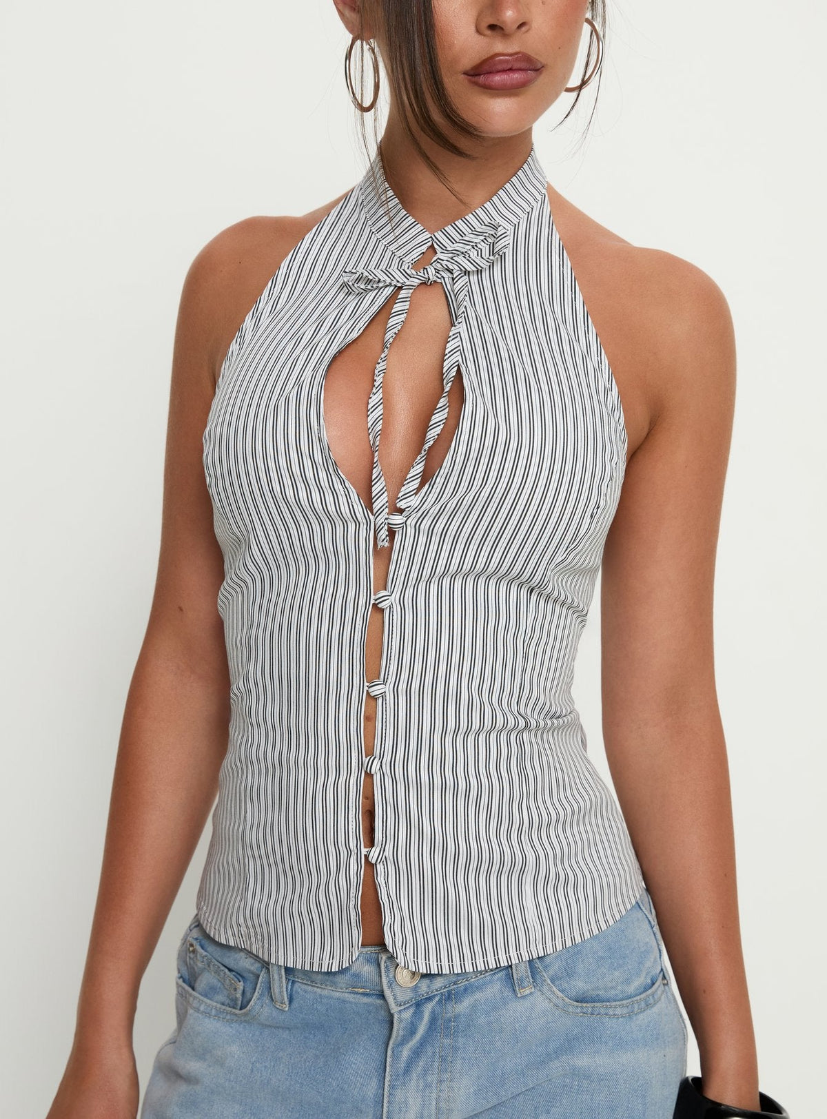 Tiarra Keyhole Sleeveless Top White Stripe