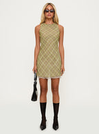 Buffie Shoulder Mini Dress Green Check