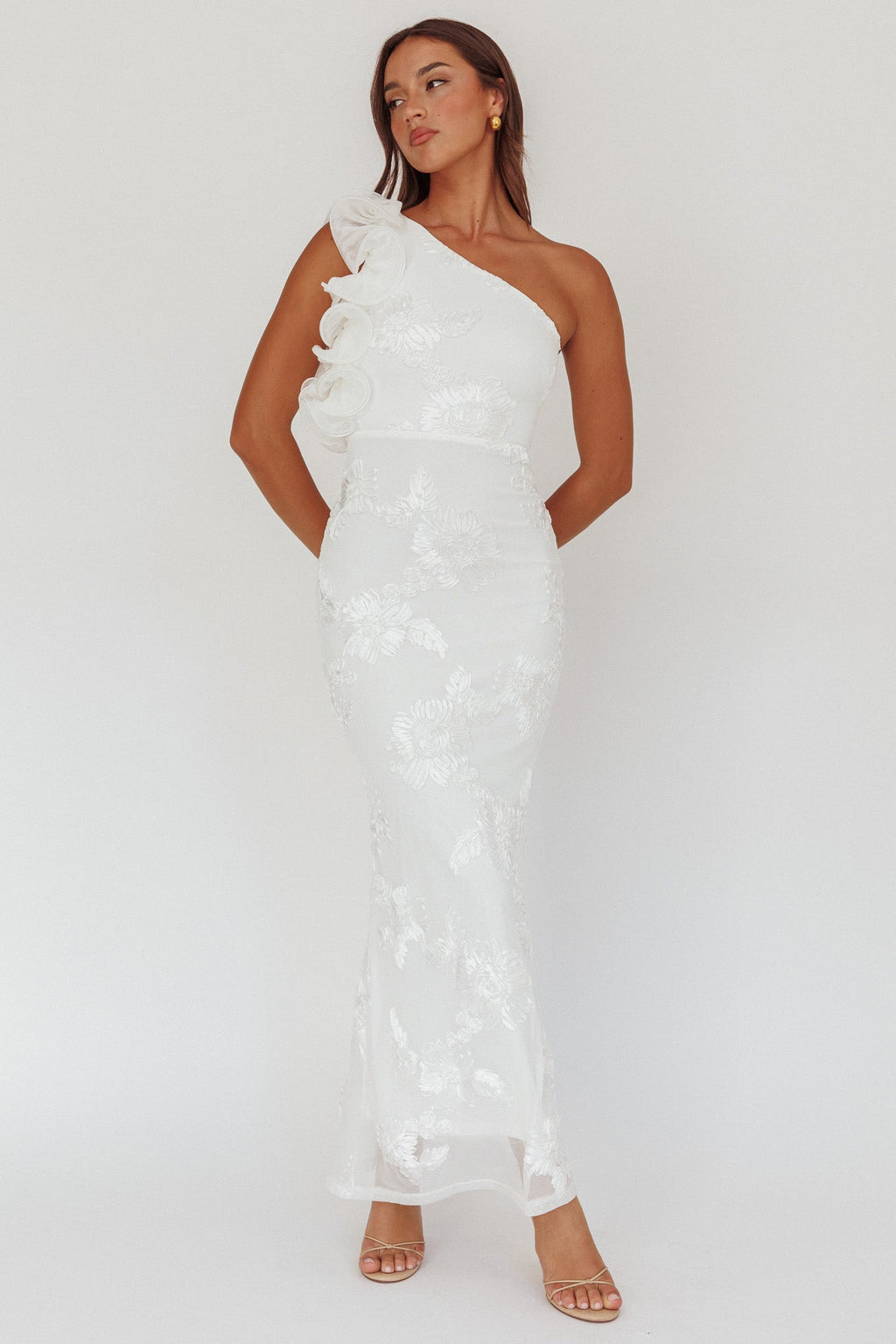Deanna One-Shoulder Ruffle Maxi Dress Floral Texture White