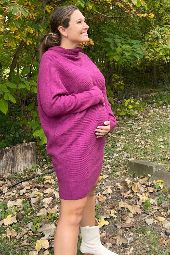 Taupe Funnel Neck Dolman Sleeve Maternity Mini Dress