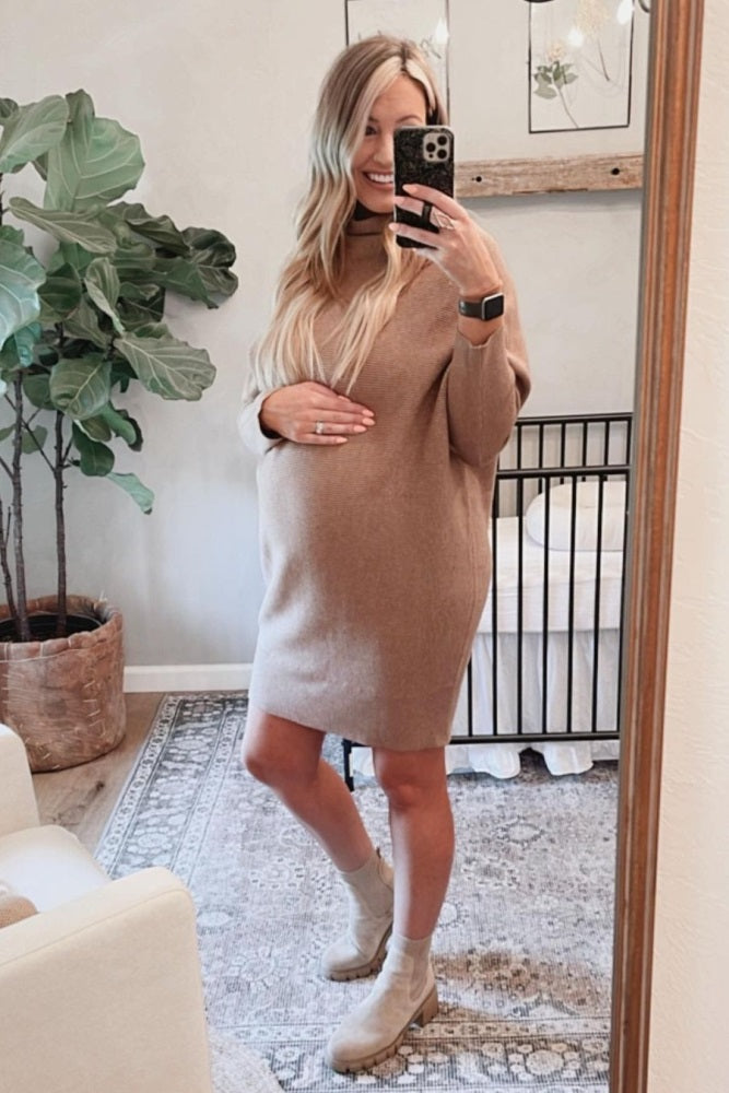 Taupe Funnel Neck Dolman Sleeve Maternity Mini Dress