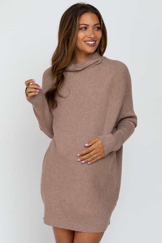 Taupe Funnel Neck Dolman Sleeve Maternity Mini Dress