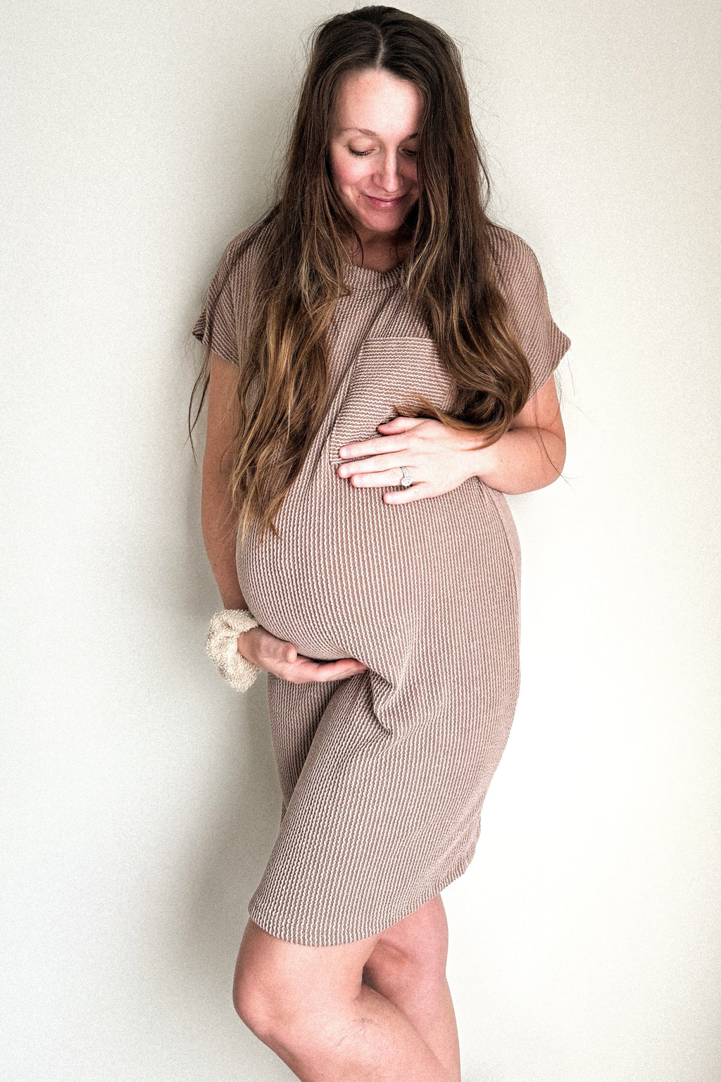 Mocha Ribbed Front Pocket Dolman Short Sleeve Maternity Dress